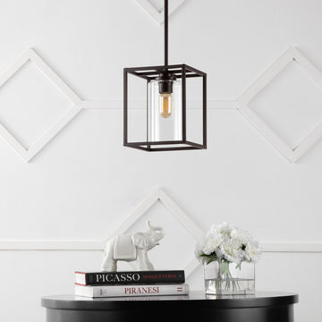 Quinn 8.13" Industrial Farmhouse Iron/Glass LED Pendant - JONATHAN Y